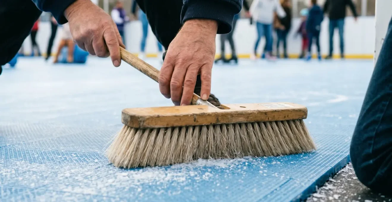 Brossage quotidien d'une patinoire synthétique avec une brosse à poils souples.