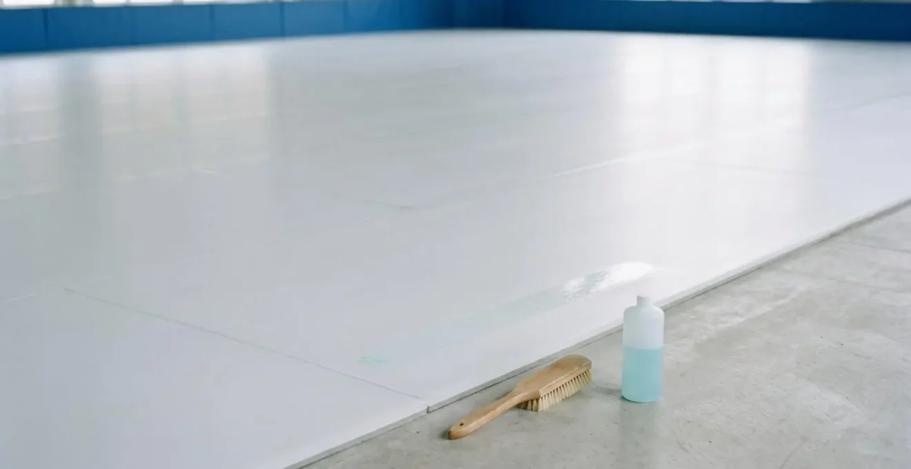 Patinoire synthétique propre avec matériel d'entretien rangé sur le côté.