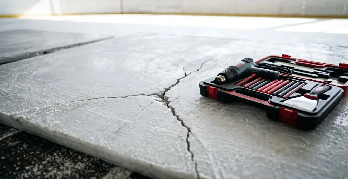 Réparation d'une dalle de patinoire synthétique avec un kit de réparation thermoplastique.