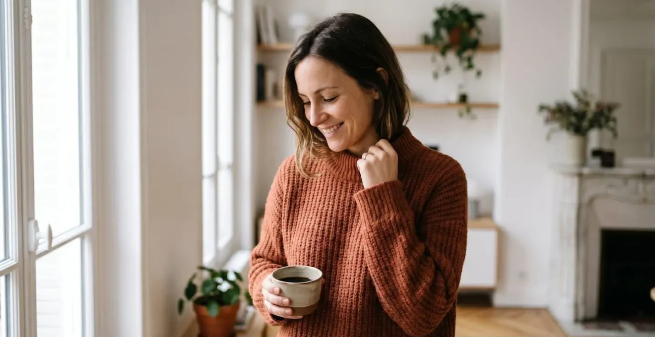 Femme souriante portant un pull en maille terracotta dans un intérieur parisien lumineux, ajustant le col de son vêtement