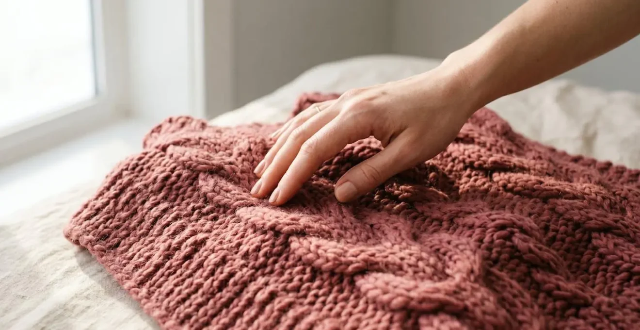 Gros plan sur une main féminine effleurant une maille en laine texturée bleu canard, éclairée en lumière latérale