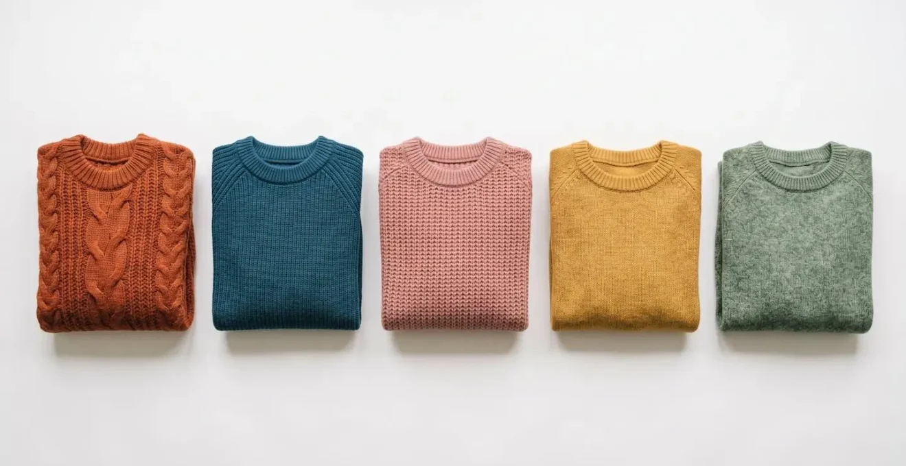 Vue de dessus de cinq pulls en maille pliés disposés horizontalement, chacun dans une couleur différente (terracotta, bleu canard, rose poudré, moutarde, vert sauge)