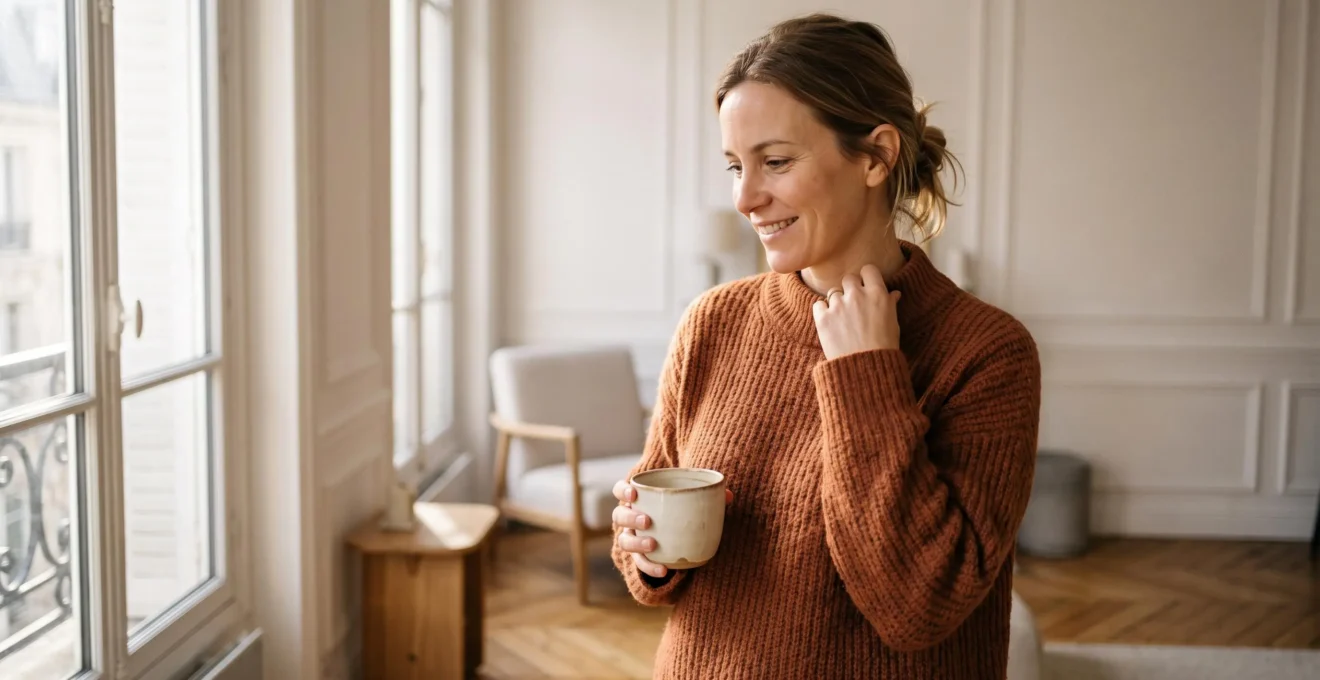 Femme souriante portant un pull en maille terracotta dans un intérieur parisien lumineux, ajustant le col de son vêtement