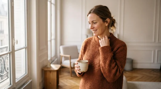 Femme souriante portant un pull en maille terracotta dans un intérieur parisien lumineux, ajustant le col de son vêtement