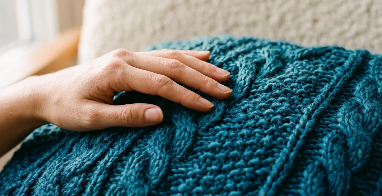 Gros plan sur une main féminine effleurant une maille en laine texturée bleu canard, éclairée en lumière latérale