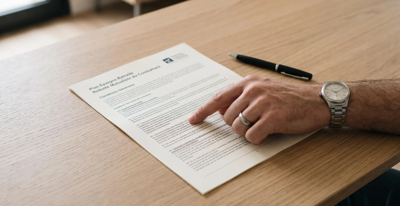Gros plan sur une notice de contrat Plan Épargne Retraite en français posée sur bureau, main masculine avec alliance en train de lire une clause