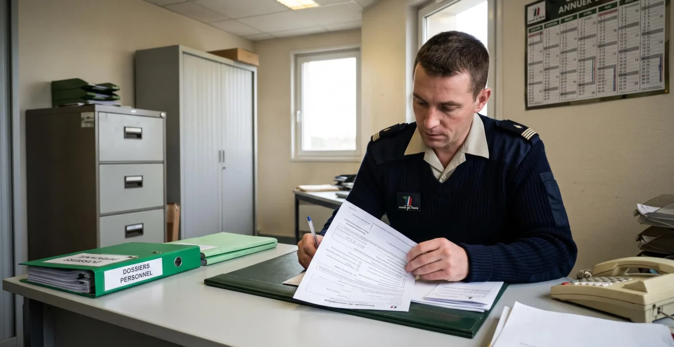 Sous-officier en chemise militaire beige assis à son bureau de caserne, remplissant un formulaire de demande de souscription avec calendrier et classeurs administratifs en arrière-plan