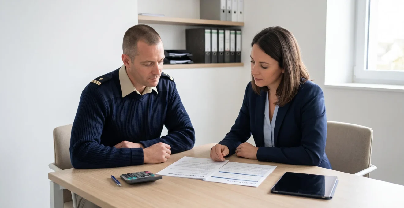 Sous-officier en chemise militaire assis face à une conseillère mutualiste dans un bureau contemporain, consultant ensemble des documents de contrat retraite posés sur table