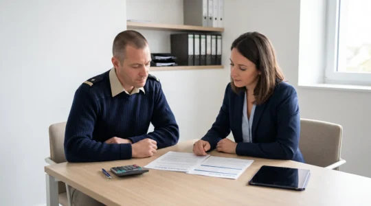 Sous-officier en chemise militaire assis face à une conseillère mutualiste dans un bureau contemporain, consultant ensemble des documents de contrat retraite posés sur table