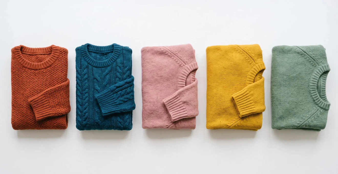 Vue de dessus de cinq pulls en maille pliés disposés horizontalement, chacun dans une couleur différente (terracotta, bleu canard, rose poudré, moutarde, vert sauge)