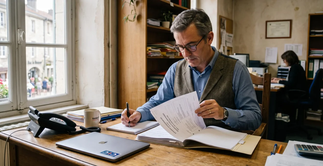 Un chargé de financement étudie un dossier de prêt à son bureau.