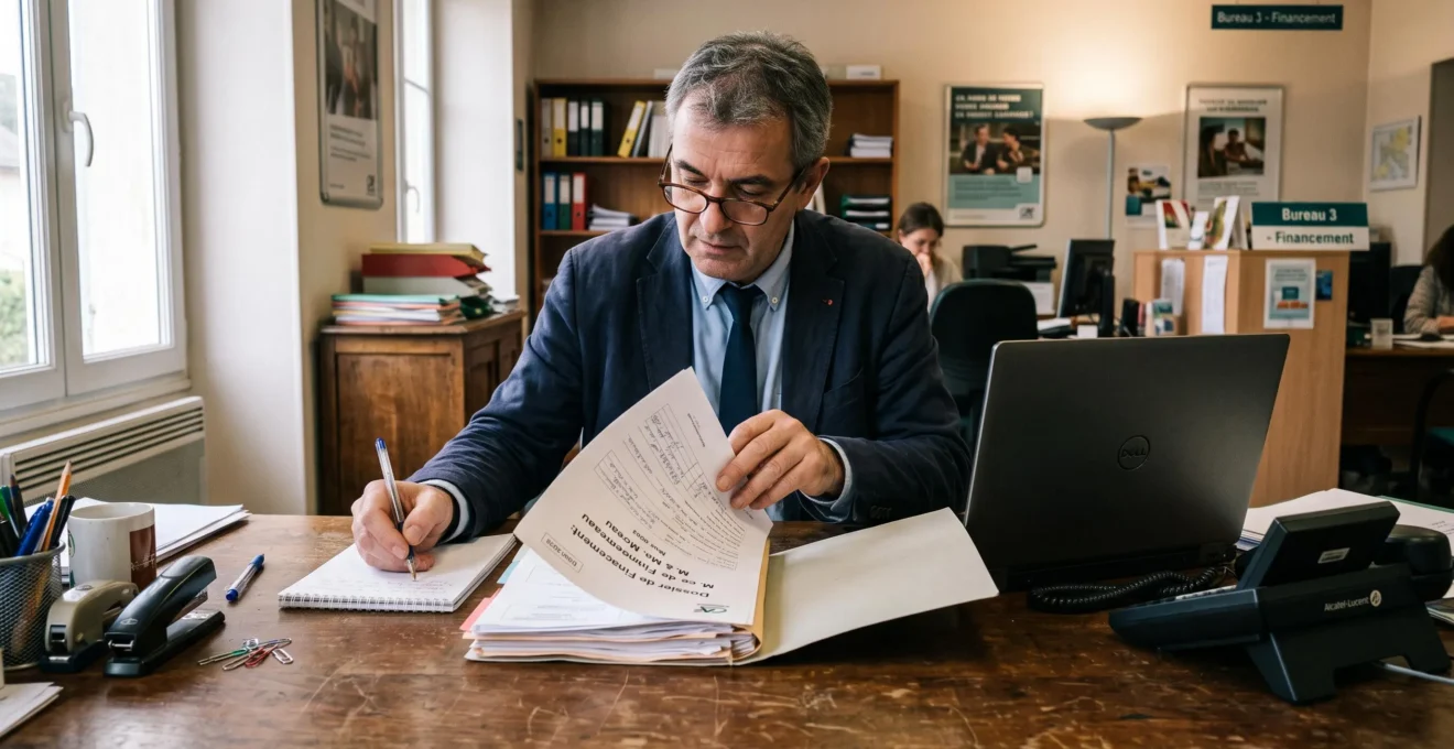 Un chargé de financement étudie un dossier de prêt à son bureau.
