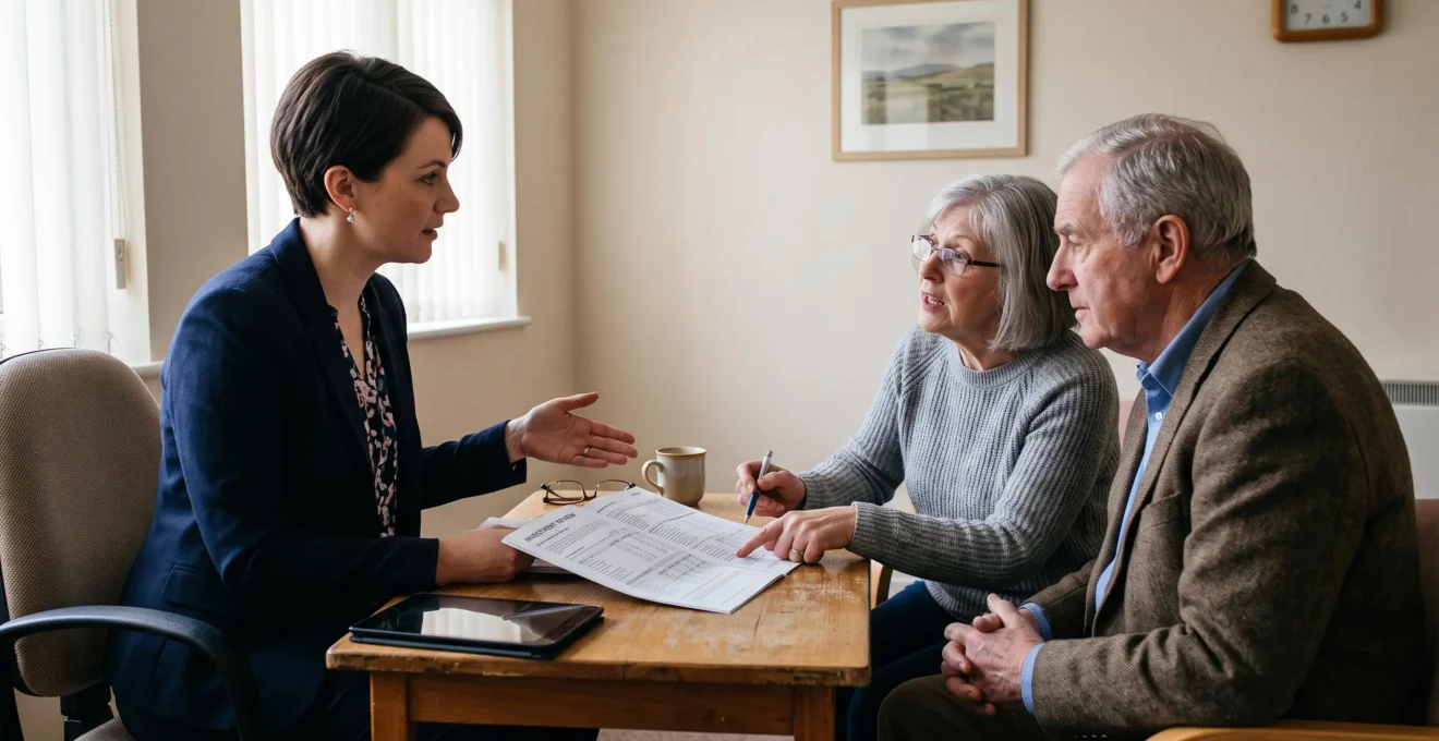 Un conseiller répond aux questions d'un couple autour d'un document.