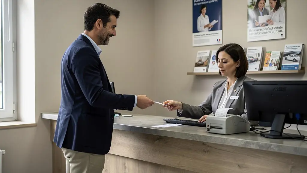 Un entrepreneur remet un bordereau de dépôt à un conseiller bancaire au guichet.