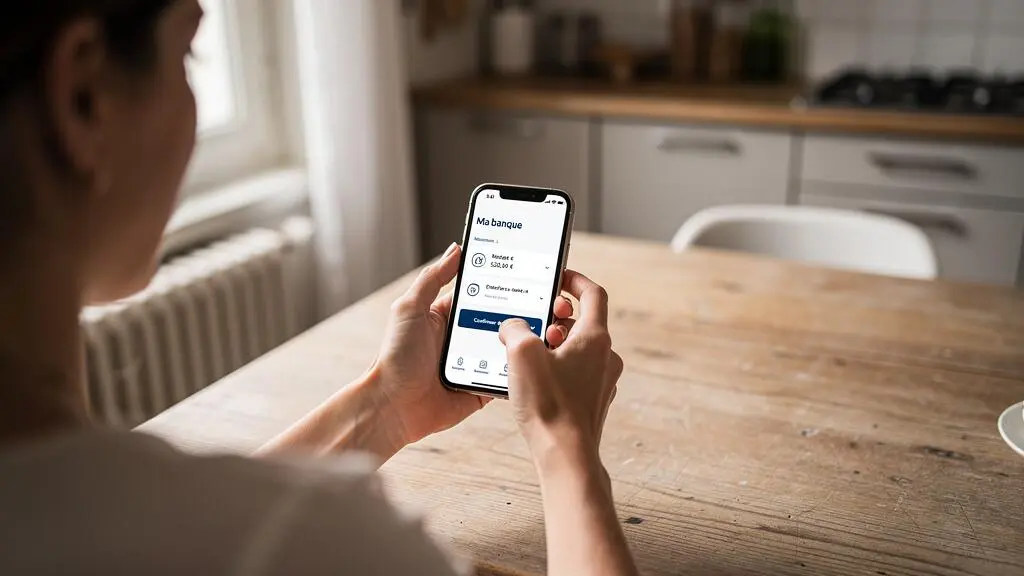 Une femme prépare un virement depuis une application bancaire sur son smartphone.